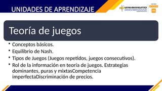 Teoría de juegos
• Conceptos básicos.
• Equilibrio de Nash.
• Tipos de Juegos (Juegos repetidos, juegos consecutivos).
• Rol de la información en teoría de juegos. Estrategias
dominantes, puras y mixtasCompetencia
imperfectaDiscriminación de precios.
UNIDADES DE APRENDIZAJE
 