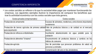 COMPETENCIA IMPERFECTA
• Los costos sociales se refieren a lo que la sociedad debe pagar por mantener funcionando las
empresas. Los siguientes ejemplos ilustran la importancia de comparar los beneficios que
trae la actividad económica con los costos sociales que ésta genera.
 