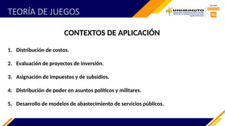 TEORÍA DE JUEGOS
CONTEXTOS DE APLICACIÓN
1. Distribución de costos.
2. Evaluación de proyectos de inversión.
3. Asignación de impuestos y de subsidios.
4. Distribución de poder en asuntos políticos y militares.
5. Desarrollo de modelos de abastecimiento de servicios públicos.
 