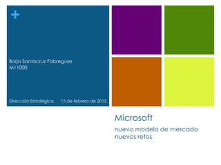 +

Borja Santacruz Fabregues
M11000




Dirección Estratégica   15 de febrero de 2012



                                                Microsoft
                                                nuevo modelo de mercado
                                                nuevos retos
 