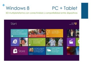 +
    Windows 8                                    PC + Tablet
    SO multiplataforma con conectividad y compatibilidad entre dispositivos
 