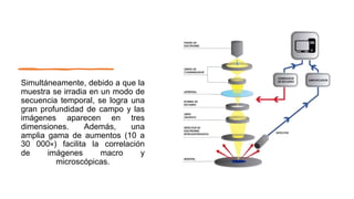 Simultáneamente, debido a que la
muestra se irradia en un modo de
secuencia temporal, se logra una
gran profundidad de campo y las
imágenes aparecen en tres
dimensiones. Además, una
amplia gama de aumentos (10 a
30 000×) facilita la correlación
de imágenes macro y
microscópicas.
 