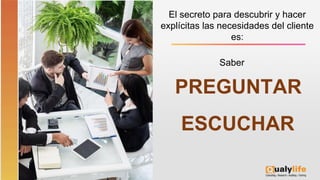 El secreto para descubrir y hacer
explícitas las necesidades del cliente
es:
ESCUCHAR
PREGUNTAR
Saber
 
