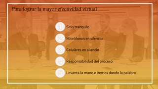 Sitio tranquilo
Micrófonos en silencio
Celulares en silencio
Responsabilidad del proceso
Levanta la mano e iremos dando la palabra
Para lograr la mayor efectividad virtual
 