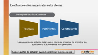 Las Preguntas de Solución deben ser:
Identificando estilos y necesidades en los clientes
Positivas Pertinentes Constructivas
Las preguntas de solución ayudan a disminuir las objeciones
Las preguntas de solución dejan que el cliente se encargue de encontrar las
soluciones a sus problemas más prioritarios.
 