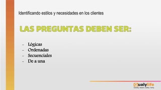 Identificando estilos y necesidades en los clientes
- Lógicas
- Ordenadas
- Secuenciales
- De a una
 