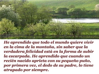 He aprendido que todo el mundo quiere vivir en la cima de la montaña, sin saber que la verdadera felicidad está en la forma de subir la escarpada. He aprendido que cuando un recién nacido aprieta con su pequeño puño, por primera vez, el dedo de su padre, lo tiene atrapado por siempre.
