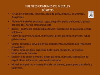 FUENTES COMUNES DE METALES
                         TÓXICOS
• Arsénico: Pesticida, cervezas, agua de grifo, pinturas, cosméticos,
  fungicidas.
• Aluminio: Bebidas enlatadas, agua de grifos, polvo de hornear, quesos
  procesados, harina emblanquecida
• Berilio: quema de combustibles fósiles, fabricación de plásticos, ceniza
  volcánica.
• Cadmio: cigarrillo, tabaco, marihuana, peces grandes, mariscos, tubos
  galvanizados.
• Cobre: pesticidas, agua de grifos, suplementos nutricionales (vitaminas
  prenatales).
• Plomo: agua de grifo, cigarrillo, tintes para el cabello, pesticidas,
  fabricación de baterías.
• Mercurio: tapones dentales, peces grandes, mariscos, fabricación de
  papel, cloro, adhesivos, suavizantes de ropa.
• Níquel: margarinas, mantequillas de cacahuate, grasas para pastelería y
  cigarrillos.
 