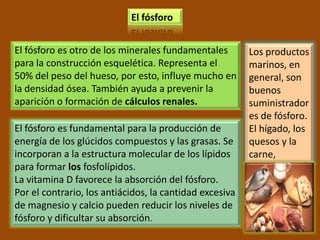 El fósforo


El fósforo es otro de los minerales fundamentales        Los productos
para la construcción esquelética. Representa el          marinos, en
50% del peso del hueso, por esto, influye mucho en       general, son
la densidad ósea. También ayuda a prevenir la            buenos
aparición o formación de cálculos renales.               suministrador
                                                         es de fósforo.
El fósforo es fundamental para la producción de          El hígado, los
energía de los glúcidos compuestos y las grasas. Se      quesos y la
incorporan a la estructura molecular de los lípidos      carne,
para formar los fosfolípidos.
La vitamina D favorece la absorción del fósforo.
Por el contrario, los antiácidos, la cantidad excesiva
de magnesio y calcio pueden reducir los niveles de
fósforo y dificultar su absorción.
 