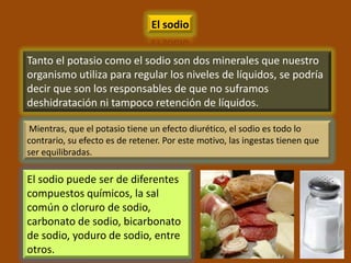 El sodio


Tanto el potasio como el sodio son dos minerales que nuestro
organismo utiliza para regular los niveles de líquidos, se podría
decir que son los responsables de que no suframos
deshidratación ni tampoco retención de líquidos.

 Mientras, que el potasio tiene un efecto diurético, el sodio es todo lo
contrario, su efecto es de retener. Por este motivo, las ingestas tienen que
ser equilibradas.

El sodio puede ser de diferentes
compuestos químicos, la sal
común o cloruro de sodio,
carbonato de sodio, bicarbonato
de sodio, yoduro de sodio, entre
otros.
 