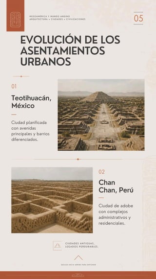 M E S O A M É R I C A Y M U N D O A N D I N O
A R Q U I T E C T U R A • C I U D A D E S • C I V I L I Z A C I O N E S
05
EVOLUCIÓN DE LOS
ASENTAMIENTOS
URBANOS
01
Teotihuacán,
México
Ciudad planificada
con avenidas
principales y barrios
diferenciados.
Chan
Chan, Perú
Ciudad de adobe
con complejos
administrativos y
residenciales.
C I U D A D E S A N T I G U A S ,
L E G A D O S P E R D U R A B L E S .
02
D E S L I Z A H A C I A A R R I B A P A R A E X P L O R A R
 
