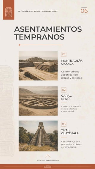 MESOAMÉRICA • ANDES • CIVILIZACIONES
06
ASENTAMIENTOS
TEMPRANOS
01
MONTE ALBÁN,
OAXACA
Centro urbano
zapoteca con
plazas y terrazas.
02
CARAL,
PERÚ
Ciudad precéramica
con arquitectura
monumental.
03
TIKAL,
GUATEMALA
Centro maya con
pirámides y plazas
ceremoniales.
DESLIZA HACIA ARRIBA PARA EXPLORAR
 