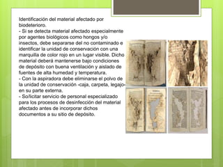 Identificación del material afectado por
biodeterioro.
- Si se detecta material afectado especialmente
por agentes biológicos como hongos y/o
insectos, debe separarse del no contaminado e
identificar la unidad de conservación con una
marquilla de color rojo en un lugar visible. Dicho
material deberá mantenerse bajo condiciones
de depósito con buena ventilación y aislado de
fuentes de alta humedad y temperatura.
- Con la aspiradora debe eliminarse el polvo de
la unidad de conservación -caja, carpeta, legajo-
en su parte externa.
- So/licitar servicio de personal especializado
para los procesos de desinfección del material
afectado antes de incorporar dichos
documentos a su sitio de depósito.
 