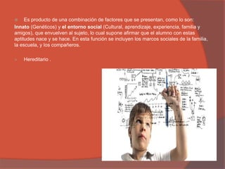 Es producto de una combinación de factores que se presentan, como lo son:
Innato (Genéticos) y el entorno social (Cultural, aprendizaje, experiencia, familia y
amigos), que envuelven al sujeto, lo cual supone afirmar que el alumno con estas
aptitudes nace y se hace. En esta función se incluyen los marcos sociales de la familia,
la escuela, y los compañeros.
 Hereditario .
 