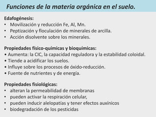 Funciones de la materia orgánica en el suelo.
Edafogénesis:
• Movilización y reducción Fe, Al, Mn.
• Peptización y floculación de minerales de arcilla.
• Acción disolvente sobre los minerales.
Propiedades físico-químicas y bioquímicas:
• Aumenta: la CIC, la capacidad reguladora y la estabilidad coloidal.
• Tiende a acidificar los suelos.
• Influye sobre los procesos de óxido-reducción.
• Fuente de nutrientes y de energía.
Propiedades fisiológicas:
• alteran la permeabilidad de membranas
• pueden activar la respiración celular,
• pueden inducir alelopatías y tener efectos auxínicos
• biodegradación de los pesticidas
 
