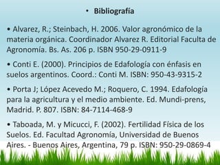 • Bibliografía
• Alvarez, R.; Steinbach, H. 2006. Valor agronómico de la
materia orgánica. Coordinador Alvarez R. Editorial Faculta de
Agronomía. Bs. As. 206 p. ISBN 950-29-0911-9
.
• Conti E. (2000). Principios de Edafología con énfasis en
suelos argentinos. Coord.: Conti M. ISBN: 950-43-9315-2
.
• Porta J; López Acevedo M.; Roquero, C. 1994. Edafología
para la agricultura y el medio ambiente. Ed. Mundi-prens,
Madrid. P. 807. ISBN: 84-7114-468-9
.
• Taboada, M. y Micucci, F. (2002). Fertilidad Física de los
Suelos. Ed. Facultad Agronomía, Universidad de Buenos
Aires. - Buenos Aires, Argentina, 79 p. ISBN: 950-29-0869-4
 