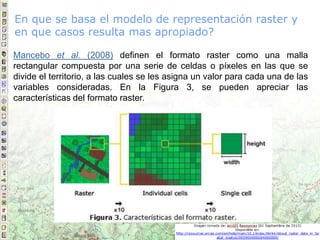 Mancebo et al. (2008) definen el formato raster como una malla
rectangular compuesta por una serie de celdas o píxeles en las que se
divide el territorio, a las cuales se les asigna un valor para cada una de las
variables consideradas. En la Figura 3, se pueden apreciar las
características del formato raster.
En que se basa el modelo de representación raster y
en que casos resulta mas apropiado?
 