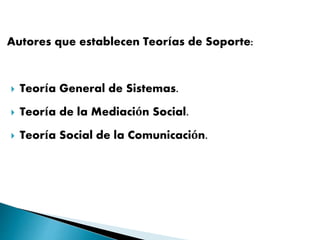 Autores que establecen Teorías de Soporte:
 Teoría General de Sistemas.
 Teoría de la Mediación Social.
 Teoría Social de la Comunicación.
 