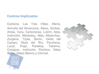Centros Implicados Cantoria, Las Tres Villas, María, Armuña del Almanzora, Albox ,   Sorbas, Antas, Vera, Carboneras, Lubrín, Abla, Instinción, Alboloduy, Abla, Albanchez, Zurgena, Tíjola, Serón, Uleila del Campo, Olula del Río, Purchena, Lúcar, Pulpí, Partaloa, Taberno, Canjáyar, instinción, Pechina, Vélez Rubio, Vélez Blanco y Chirivel. 