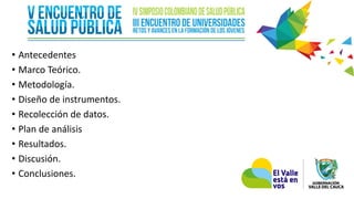 • Antecedentes
• Marco Teórico.
• Metodología.
• Diseño de instrumentos.
• Recolección de datos.
• Plan de análisis
• Resultados.
• Discusión.
• Conclusiones.
 