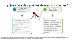 ¿Que clase de servicios desean los jóvenes?
Los factores
determinantes en su
decisión de acudir o no
La Institución
debe ofrecer
•Actitudes del personal (95%)
•Ambiente (ubicación, decoración
y atmósfera 89%)
• Métodos anticonceptivos
disponibles y poder acceder a
estos (85%)
• y El horario de atención (81%).
• Variedad de servicios.
• Horarios adecuados (Arbieto en
la tarde, la noche y sábados).
• Personal empático y capacitado.
• Servicios que garantice
confidencialidad y ambiente
amigable.
Kurz KM, Johnson-Welch C, LeFranc E, et al. Adolescent Ferti-lity and Reproductive Health: A Needs Assessment in the English-speak ing Caribbean for the Pew Charitable Trusts. International Center for Research on Women (ICRW), 1995.
Transgrud R. Adolescent Sexual and Reproductive Health in Eas-tern and Southern Africa. (Draft/borrador). Prepared for USAID/REDSO, May 1997.
 