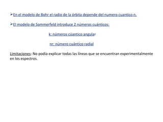 En el modelo de Bohr el radio de la órbita depende del numero cuantico n.
El modelo de Sommerfeld introduce 2 números cuánticos:
k: números cúantico angular
nr: número cuántico radial
Limitaciones: No podía explicar todas las líneas que se encuentran experimentalmente
en los espectros.

 