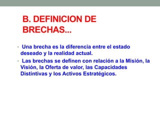 B. DEFINICION DE
BRECHAS...
• Una brecha es la diferencia entre el estado
deseado y la realidad actual.
• Las brechas se definen con relación a la Misión, la
Visión, la Oferta de valor, las Capacidades
Distintivas y los Activos Estratégicos.
 