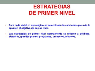 ESTRATEGIAS
DE PRIMER NIVEL
• Para cada objetivo estratégico se seleccionan las acciones que más le
apunten al objetivo de que se trate.
• Las estrategias de primer nivel normalmente se refieren a políticas,
sistemas, grandes planes, programas, proyectos, modelos.
 