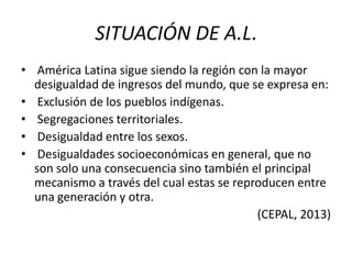 SITUACIÓN DE A.L.
• América Latina sigue siendo la región con la mayor
desigualdad de ingresos del mundo, que se expresa en:
• Exclusión de los pueblos indígenas.
• Segregaciones territoriales.
• Desigualdad entre los sexos.
• Desigualdades socioeconómicas en general, que no
son solo una consecuencia sino también el principal
mecanismo a través del cual estas se reproducen entre
una generación y otra.
(CEPAL, 2013)

 