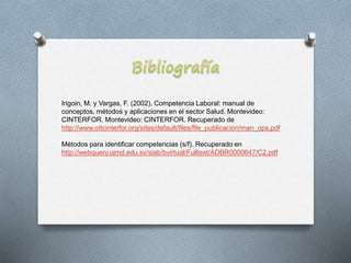 Irigoin, M. y Vargas, F. (2002). Competencia Laboral: manual de
conceptos, métodos y aplicaciones en el sector Salud. Montevideo:
CINTERFOR. Montevideo: CINTERFOR. Recuperado de
http://www.oitcinterfor.org/sites/default/files/file_publicacion/man_ops.pdf
Métodos para identificar competencias (s/f). Recuperado en
http://webquery.ujmd.edu.sv/siab/bvirtual/Fulltext/ADBR0000647/C2.pdf
 