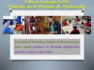 El profesional formado en Ingeniería Electromecánica
podrá asumir posiciones de dirección, planificación,
ejecución, control y supervisión.
 