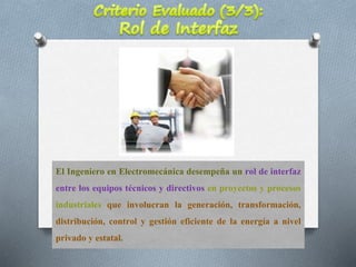 El Ingeniero en Electromecánica desempeña un rol de interfaz
entre los equipos técnicos y directivos en proyectos y procesos
industriales que involucran la generación, transformación,
distribución, control y gestión eficiente de la energía a nivel
privado y estatal.
 