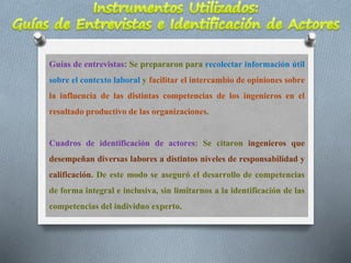 Guías de entrevistas: Se prepararon para recolectar información útil
sobre el contexto laboral y facilitar el intercambio de opiniones sobre
la influencia de las distintas competencias de los ingenieros en el
resultado productivo de las organizaciones.
Cuadros de identificación de actores: Se citaron ingenieros que
desempeñan diversas labores a distintos niveles de responsabilidad y
calificación. De este modo se aseguró el desarrollo de competencias
de forma integral e inclusiva, sin limitarnos a la identificación de las
competencias del individuo experto.
 