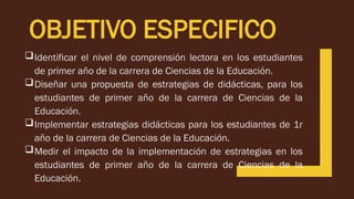 OBJETIVO ESPECIFICO
Identificar el nivel de comprensión lectora en los estudiantes
de primer año de la carrera de Ciencias de la Educación.
Diseñar una propuesta de estrategias de didácticas, para los
estudiantes de primer año de la carrera de Ciencias de la
Educación.
Implementar estrategias didácticas para los estudiantes de 1r
año de la carrera de Ciencias de la Educación.
Medir el impacto de la implementación de estrategias en los
estudiantes de primer año de la carrera de Ciencias de la
Educación.
 
