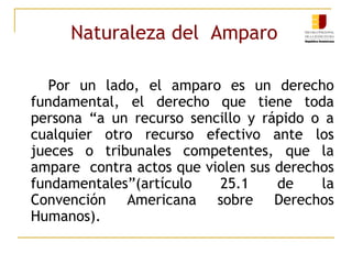 Naturaleza del Amparo
Por un lado, el amparo es un derecho
fundamental, el derecho que tiene toda
persona “a un recurso sencillo y rápido o a
cualquier otro recurso efectivo ante los
jueces o tribunales competentes, que la
ampare contra actos que violen sus derechos
fundamentales”(artículo 25.1 de la
Convención Americana sobre Derechos
Humanos).
 