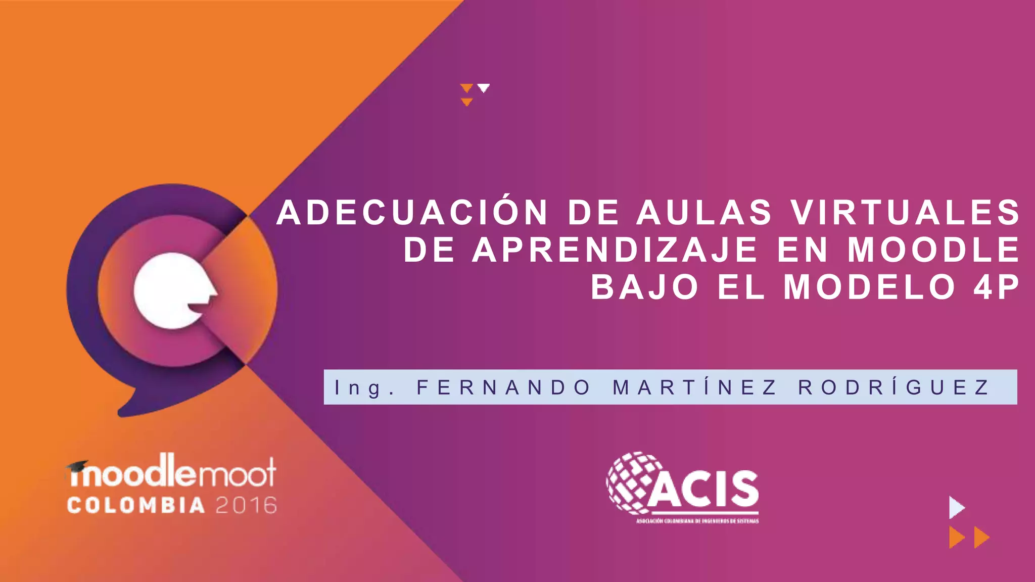 I n g . F E R N A N D O M A R T Í N E Z R O D R Í G U E Z
ADECUACIÓN DE AULAS VIRTUALES
DE APRENDIZAJE EN MOODLE
BAJO EL MODELO 4P
 