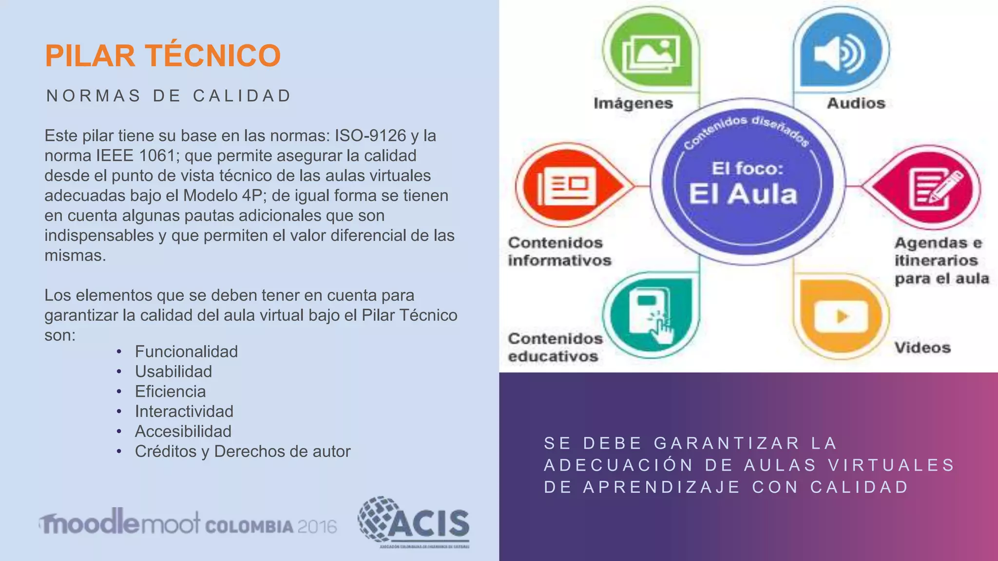 PILAR TÉCNICO
N O R M A S D E C A L I D A D
S E D E B E G A R A N T I Z A R L A
A D E C U A C I Ó N D E A U L A S V I R T U A L E S
D E A P R E N D I Z A J E C O N C A L I D A D
Este pilar tiene su base en las normas: ISO-9126 y la
norma IEEE 1061; que permite asegurar la calidad
desde el punto de vista técnico de las aulas virtuales
adecuadas bajo el Modelo 4P; de igual forma se tienen
en cuenta algunas pautas adicionales que son
indispensables y que permiten el valor diferencial de las
mismas.
Los elementos que se deben tener en cuenta para
garantizar la calidad del aula virtual bajo el Pilar Técnico
son:
• Funcionalidad
• Usabilidad
• Eficiencia
• Interactividad
• Accesibilidad
• Créditos y Derechos de autor
 