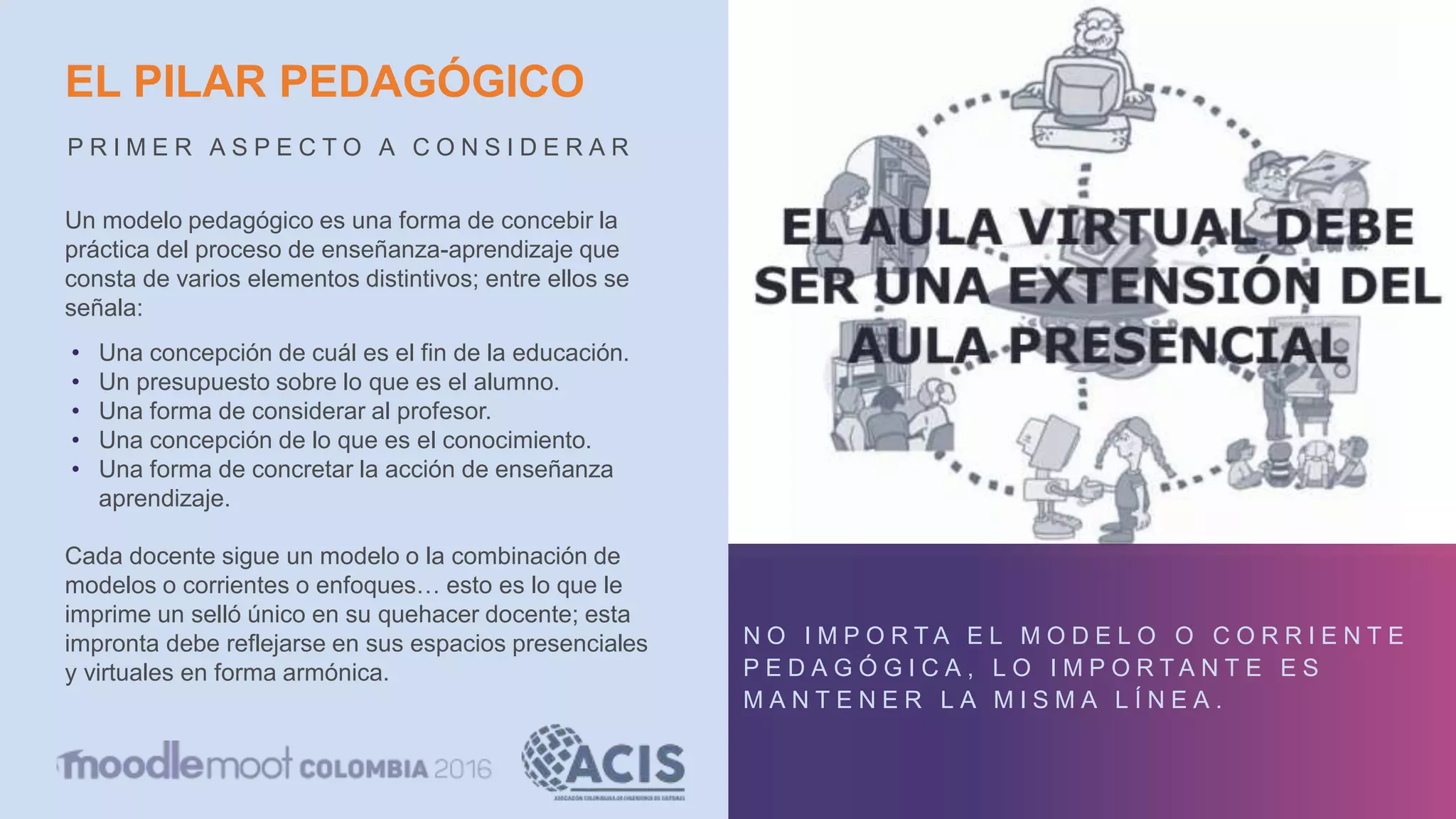 EL PILAR PEDAGÓGICO
P R I M E R A S P E C T O A C O N S I D E R A R
N O I M P O R T A E L M O D E L O O C O R R I E N T E
P E D A G Ó G I C A , L O I M P O R T A N T E E S
M A N T E N E R L A M I S M A L Í N E A .
Un modelo pedagógico es una forma de concebir la
práctica del proceso de enseñanza-aprendizaje que
consta de varios elementos distintivos; entre ellos se
señala:
• Una concepción de cuál es el fin de la educación.
• Un presupuesto sobre lo que es el alumno.
• Una forma de considerar al profesor.
• Una concepción de lo que es el conocimiento.
• Una forma de concretar la acción de enseñanza
aprendizaje.
Cada docente sigue un modelo o la combinación de
modelos o corrientes o enfoques… esto es lo que le
imprime un selló único en su quehacer docente; esta
impronta debe reflejarse en sus espacios presenciales
y virtuales en forma armónica.
 