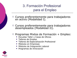 3. Formación Profesional  para el Empleo Cursos preferentemente para trabajadores en activo (Modalidad I). Cursos preferentemente para trabajadores desempleados (Modalidad II). Programas Mixtos de Formación + Empleo: Escuelas Taller y Casas de Oficios Talleres de Empleo Talleres de Especialización Profesional Módulos en Empresas Módulos de Integración Laboral Programas de Innovación 