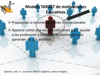 Modelo TARGET de motivaciones
                            Educativas

    Propuestas o recomendaciones instruccionales
    Aparece como una recomendaciones para ayudar
     a los profesores a favorecer la motivación por
     aprender de sus alumnos.




Epsteim, creó el acrónimo TARGET (objetivo, meta en inglés)
 
