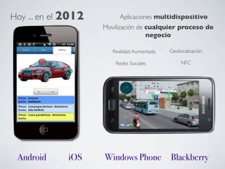 Hoy ... en el 2012	

         Aplicaciones multidispositivo	

                        Movilización de cualquier proceso de
                                        negocio	


                           Realidad Aumentada	

   Geolocalización	


                            Redes Sociales	

           NFC	





 Android!      iOS!     Windows Phone!             Blackberry!
 