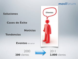 Clientes	

Soluciones 	

	



       Casos de Éxito 	


                       Noticias	

      Tendencias	



              Eventos del sector	


                      2000	

              2011	

              200 clientes	

              2.000 clientes	

 