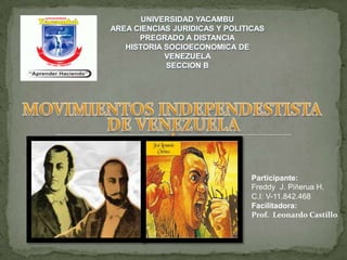 UNIVERSIDAD YACAMBU
AREA CIENCIAS JURIDICAS Y POLITICAS
PREGRADO A DISTANCIA
HISTORIA SOCIOECONOMICA DE
VENEZUELA
SECCION B
Participante:
Freddy J. Piñerua H.
C.I: V-11.842.468
Facilitadora:
Prof. Leonardo Castillo
 