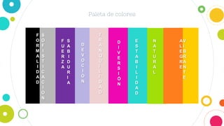 Paleta de colores
F
O
R
M
A
L
I
D
A
D
S
O
F
I
S
T
I
C
A
C
I
Ó
N
A
L
E
G
R
E
V
I
B
R
A
N
T
E
F
U
E
R
Z
A
S
A
B
I
D
U
R
I
A
E
S
T
A
B
I
L
I
D
A
D
N
A
T
U
R
A
L
D
E
V
O
C
I
Ó
N
D
I
V
E
R
S
I
Ó
N
T
R
A
N
Q
U
I
L
I
D
A
D
 