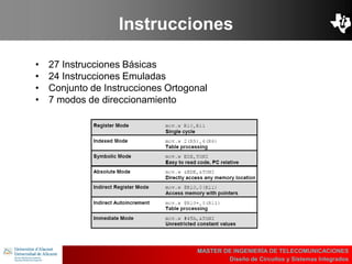 UBI
>> Contents
Instrucciones
• 27 Instrucciones Básicas
• 24 Instrucciones Emuladas
• Conjunto de Instrucciones Ortogonal
• 7 modos de direccionamiento
MASTER DE INGENIERÍA DE TELECOMUNICACIONES
Diseño de Circuitos y Sistemas Integrados
 