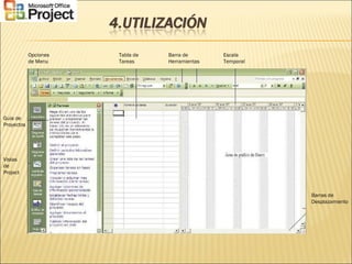 Barras de
Desplazamiento
Opciones
de Menu
Guía de
Proyectos
Vistas
de
Project
Tabla de
Tareas
Barra de
Herramientas
Escala
Temporal
 
