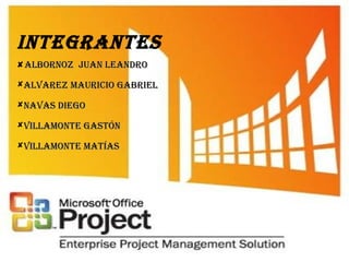 Integrantes
albornoz Juan leandroalbornoz Juan leandro
alvarez MaurIcIo gabrIelalvarez MaurIcIo gabrIel
navas dIegonavas dIego
vIllaMonte gastónvIllaMonte gastón
vIllaMonte MatíasvIllaMonte Matías
 