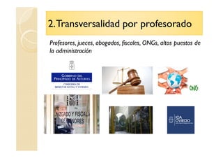 2.Transversalidad por profesorado
Profesores, jueces, abogados, fiscales, ONGs, altos puestos de
la administración
 