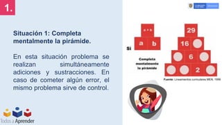 Situación 1: Completa
mentalmente la pirámide.
En esta situación problema se
realizan simultáneamente
adiciones y sustracciones. En
caso de cometer algún error, el
mismo problema sirve de control.
Fuente: Lineamientos curriculares MEN, 1998
1.
 