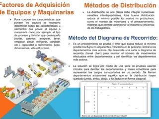 Factores de Adquisición
de Equipos y Maquinarias
 Para conocer las características que
poseen los equipos es necesario
determinar todas las características u
elementos que posee el equipo o
maquinaria como por ejemplo, el tipo
de proceso y función que desempeña
(cortar, calentar, evaporar, lavar,
empacar, pesar, refrigerar, congelar,
etc.), capacidad o rendimiento, peso,
dimensiones, vida útil y costo.
 La distribución de una planta debe integrar numerosas
variables interdependientes. Una buena distribución
reduce al mínimo posible los costos no productivos,
como el manejo de materiales y el almacenamiento,
mientras que permite aprovechar al máximo la eficiencia
de los trabajadores.
Métodos de Distribución
 Es un procedimiento de prueba y error que busca reducir al mínimo
posible los flujos no adyacentes colocando en la posición central a los
departamentos más activos. Se desarrolla una carta o diagrama de
recorrido (travel chart) para mostrar el número de movimientos
efectuados entre departamentos y así identificar los departamentos
más activos.
 La solución se logra por medio de una serie de pruebas usando
círculos para denotar los departamentos y líneas conectoras para
representar las cargas transportadas en un periodo. Se llaman
departamentos adyacentes aquellos que en la distribución hayan
quedado juntos, arriba, abajo, a los lados o en forma diagonal.
 